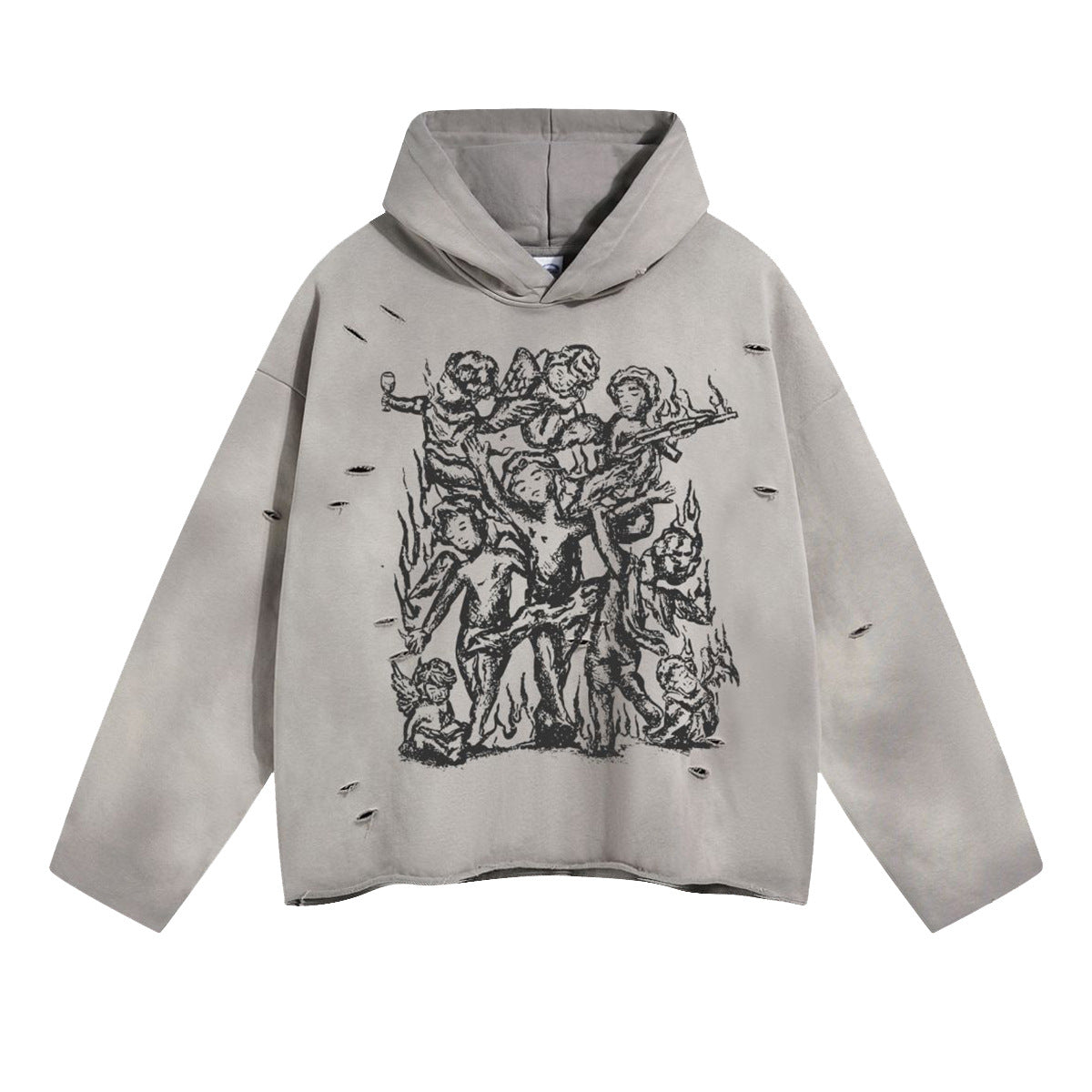 A08 Irregularly ripped, raw-edge printed hooded sweatshirt