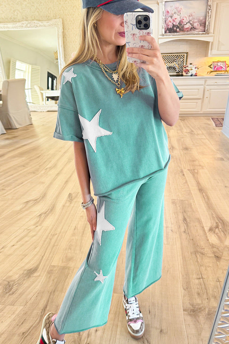 Fashion Star Print Women’s Casual Set | 2025 Spring New Short Sleeve T-Shirt & Pants Two-Piece Outfit
