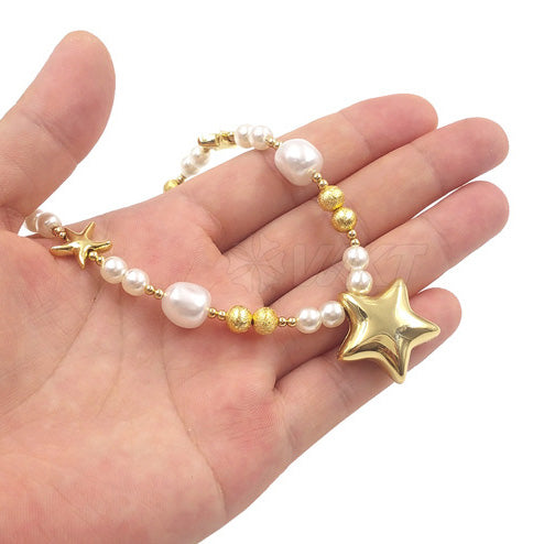 Trendy Star Pendant Necklace with Faux Pearl Beads | Short Brass Chain for Women