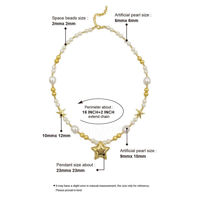 Trendy Star Pendant Necklace with Faux Pearl Beads | Short Brass Chain for Women