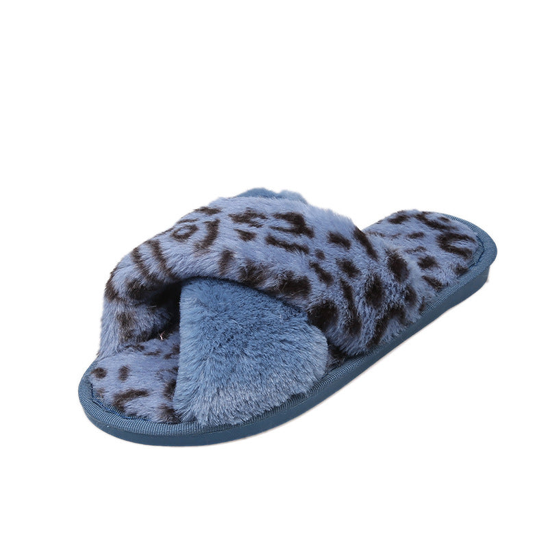 Women’s Leopard Print Cross Strap Slippers – Open-Toe Cozy Cotton Furry Indoor Slides, Autumn Winter