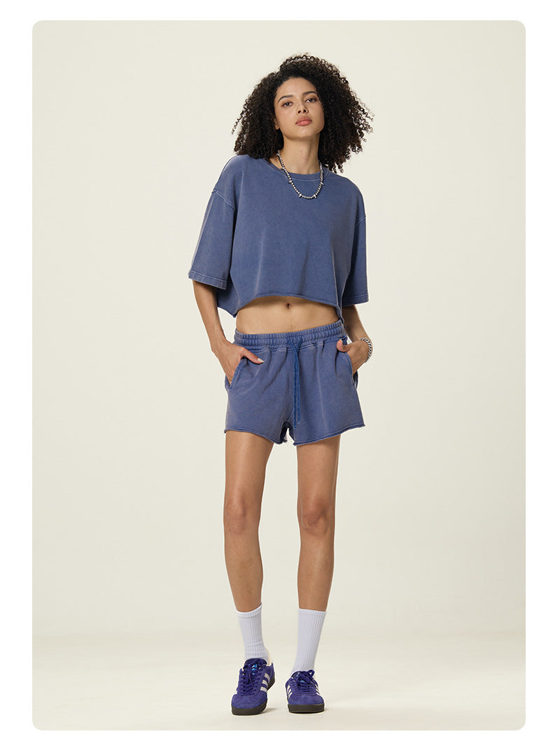 A16 Washed Cotton Two-Piece Set – Women’s Loose Crop T-Shirt & Shorts