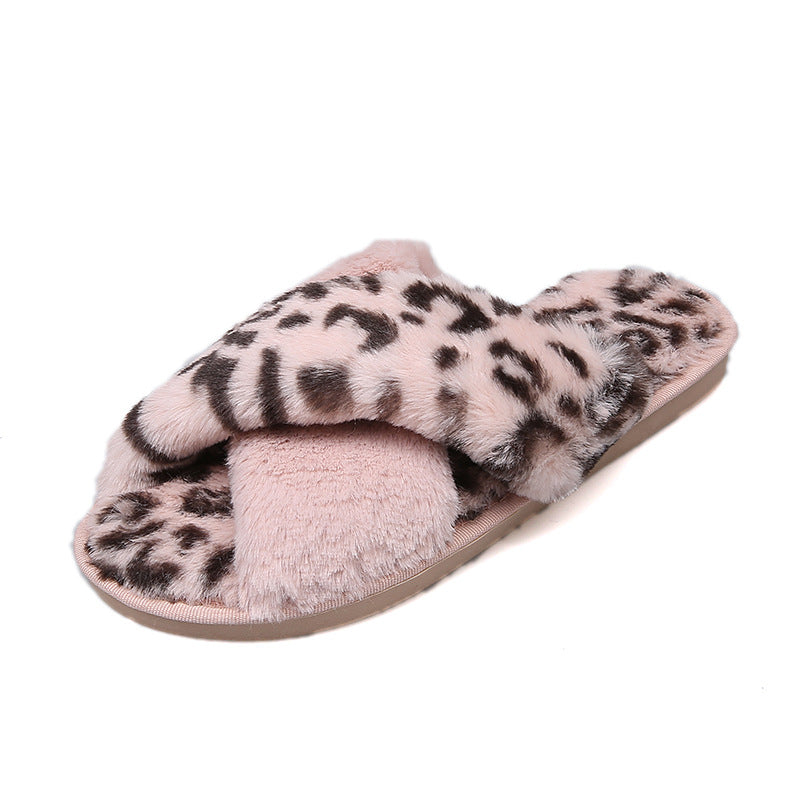 Women’s Leopard Print Cross Strap Slippers – Open-Toe Cozy Cotton Furry Indoor Slides, Autumn Winter