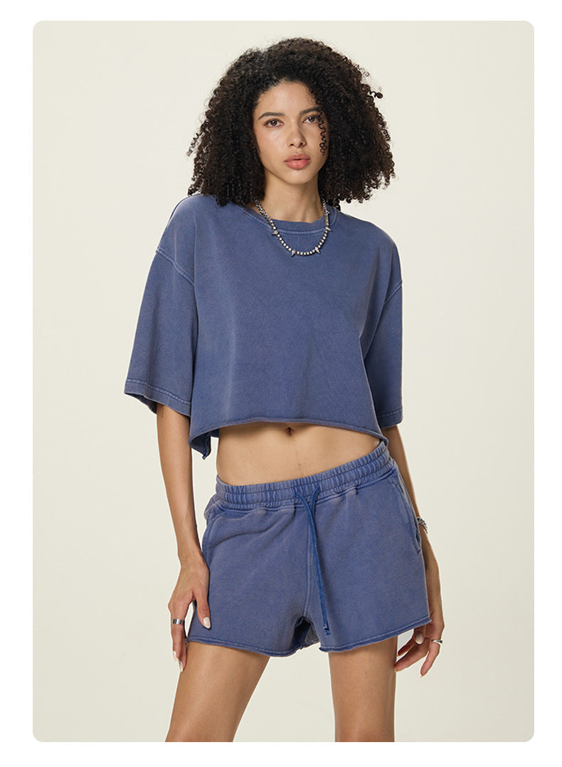 A16 Washed Cotton Two-Piece Set – Women’s Loose Crop T-Shirt & Shorts