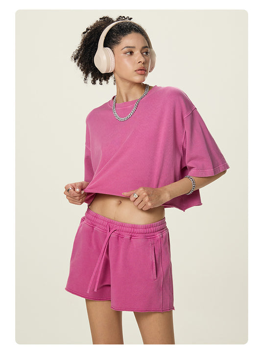 A16 Washed Cotton Two-Piece Set – Women’s Loose Crop T-Shirt & Shorts
