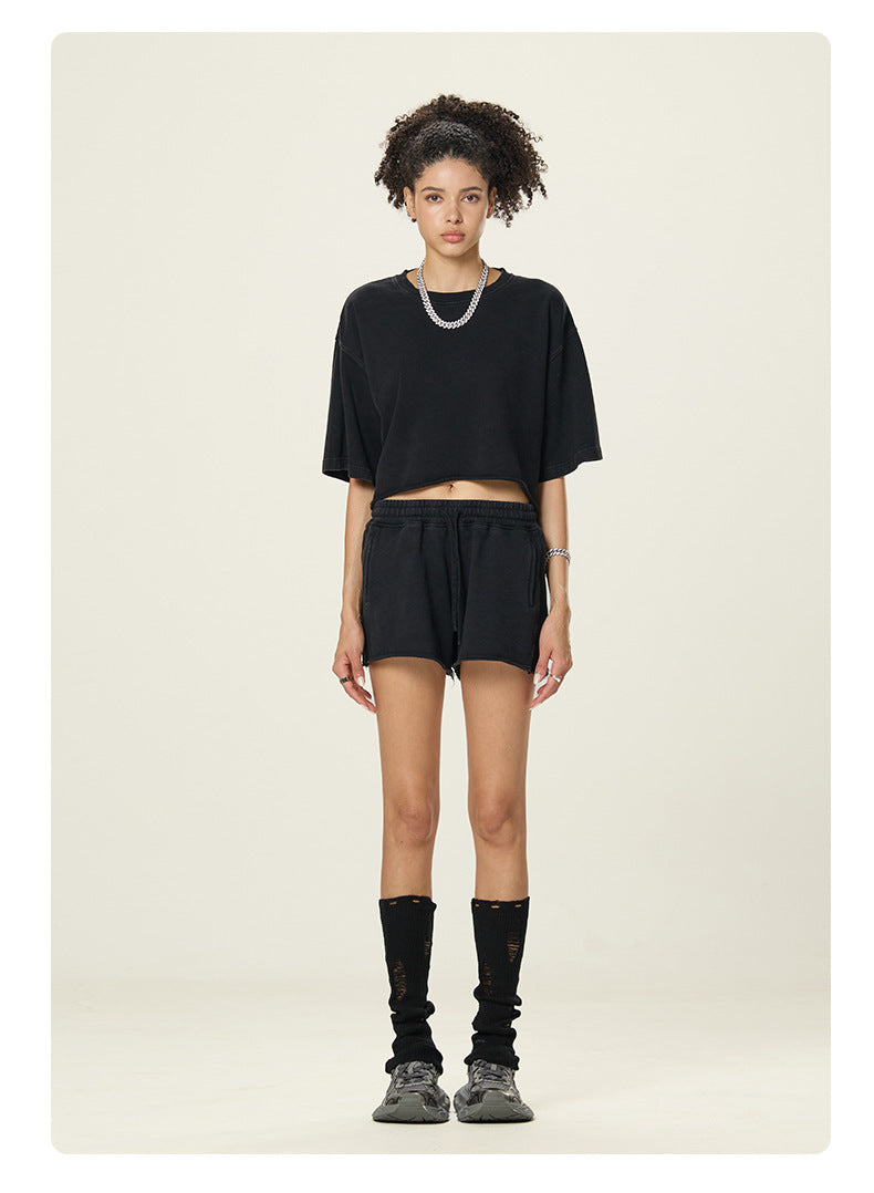 A16 Washed Cotton Two-Piece Set – Women’s Loose Crop T-Shirt & Shorts