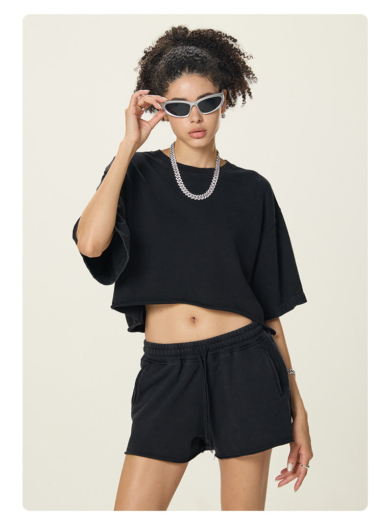 A16 Washed Cotton Two-Piece Set – Women’s Loose Crop T-Shirt & Shorts