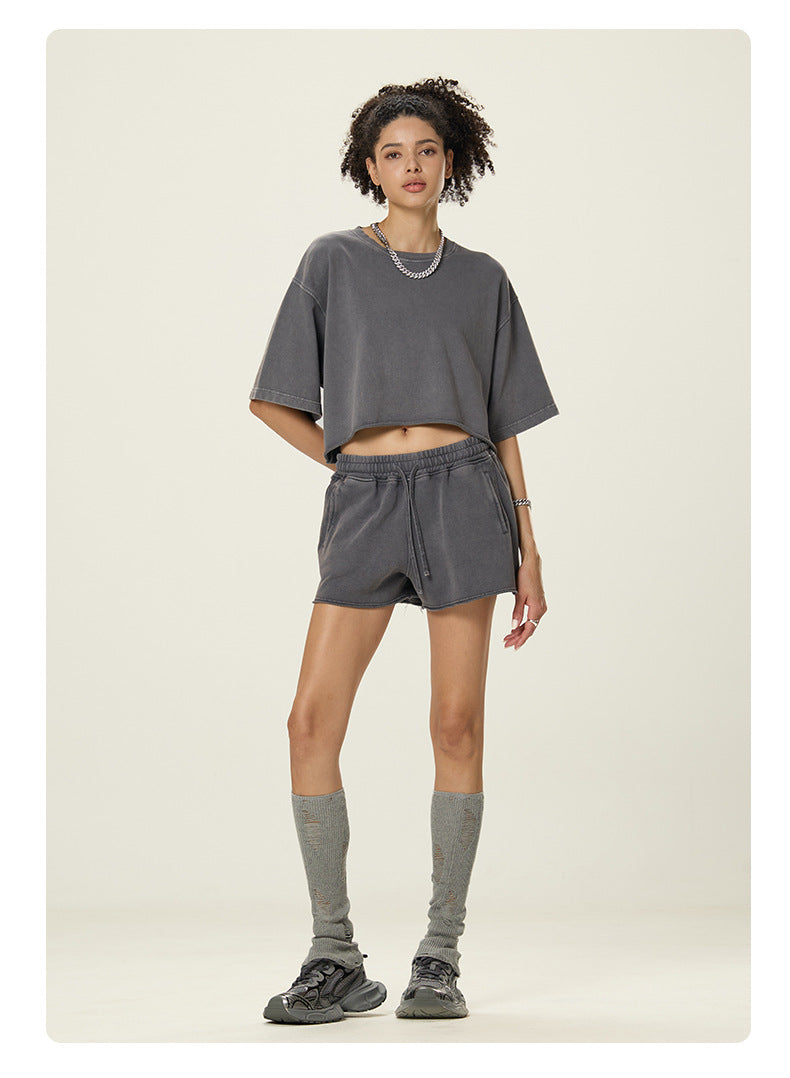 A16 Washed Cotton Two-Piece Set – Women’s Loose Crop T-Shirt & Shorts