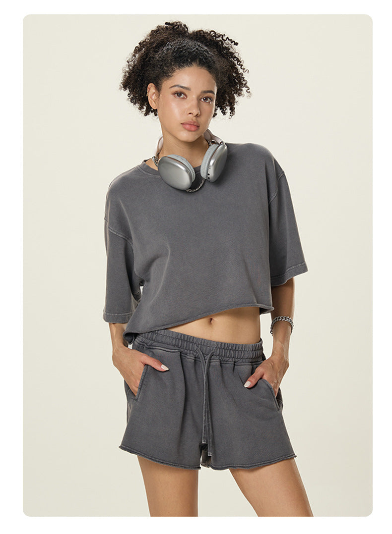 A16 Washed Cotton Two-Piece Set – Women’s Loose Crop T-Shirt & Shorts