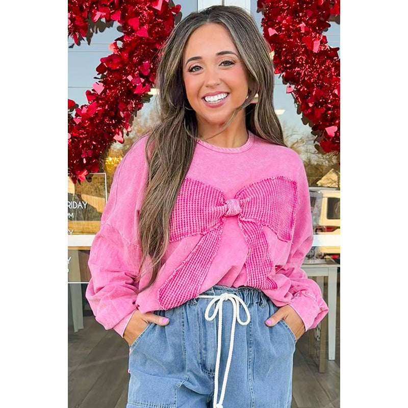 Women’s Bow Round Neck Sweatshirt – Washed Loose Fit Pullover
