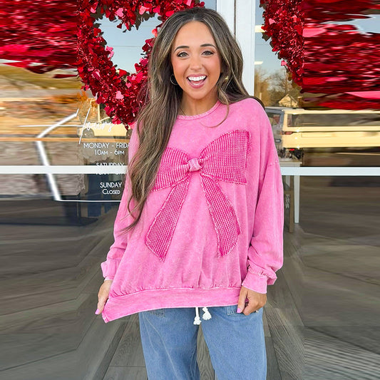 Women’s Bow Round Neck Sweatshirt – Washed Loose Fit Pullover