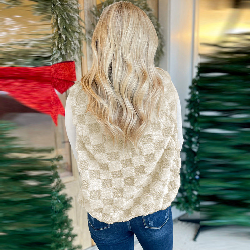 Women’s Checkered Fleece Vest – Autumn Winter Collared Warm Top