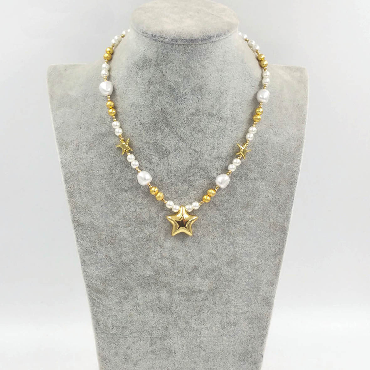 Trendy Star Pendant Necklace with Faux Pearl Beads | Short Brass Chain for Women