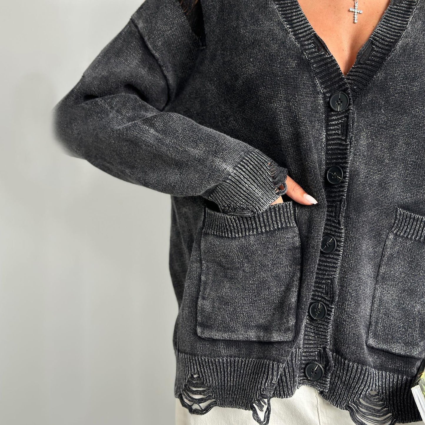 A07 Vintage Distressed Knit Cardigan – Women’s Washed Button-Up Sweater with Pockets