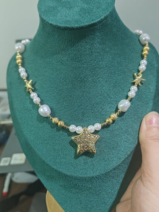 Trendy Star Pendant Necklace with Faux Pearl Beads | Short Brass Chain for Women