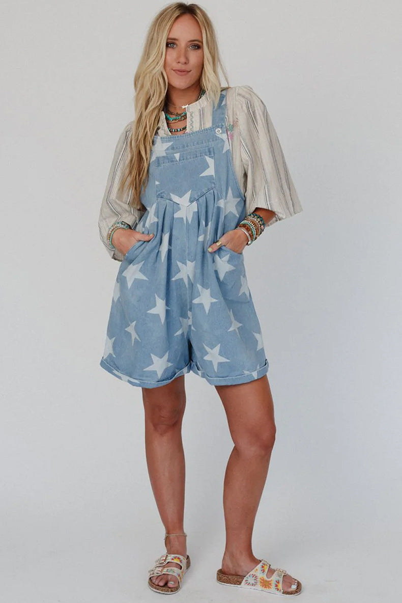 Women’s Loose Fit High Waist Overall – Star Print Denim Jumpsuit
