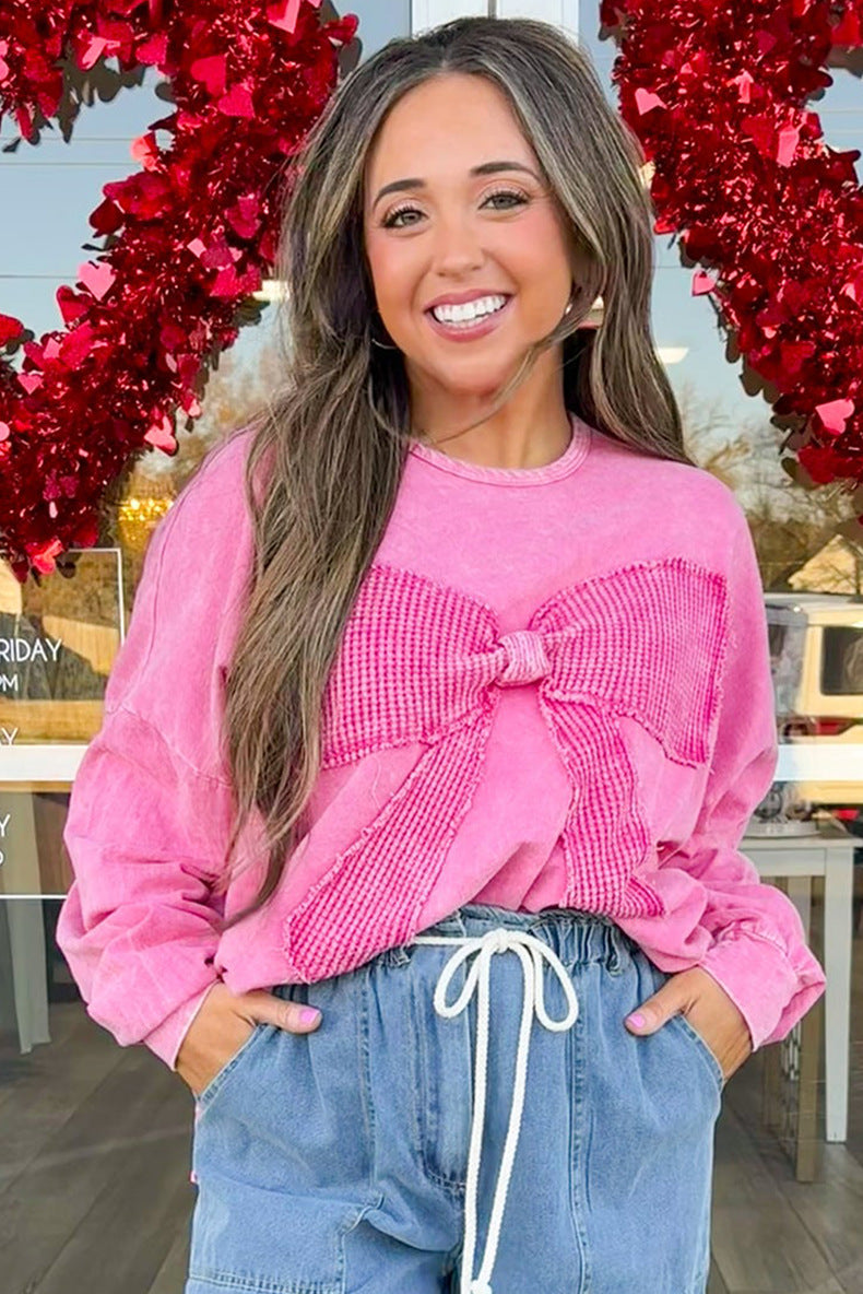 Women’s Bow Round Neck Sweatshirt – Washed Loose Fit Pullover
