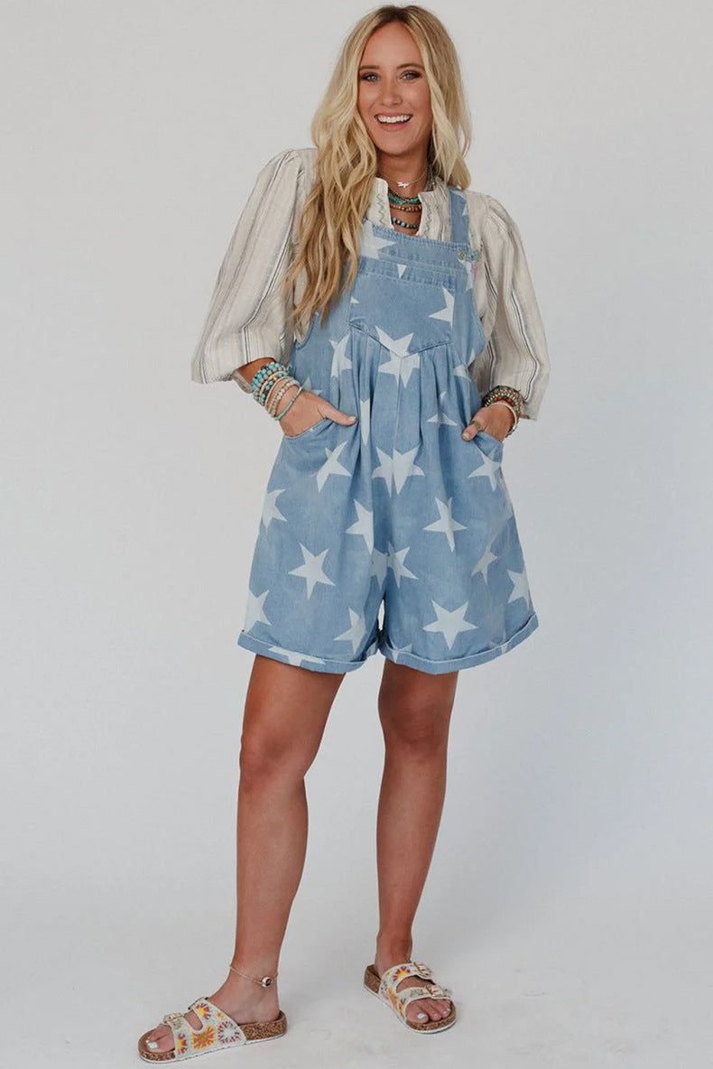 Women’s Loose Fit High Waist Overall – Star Print Denim Jumpsuit