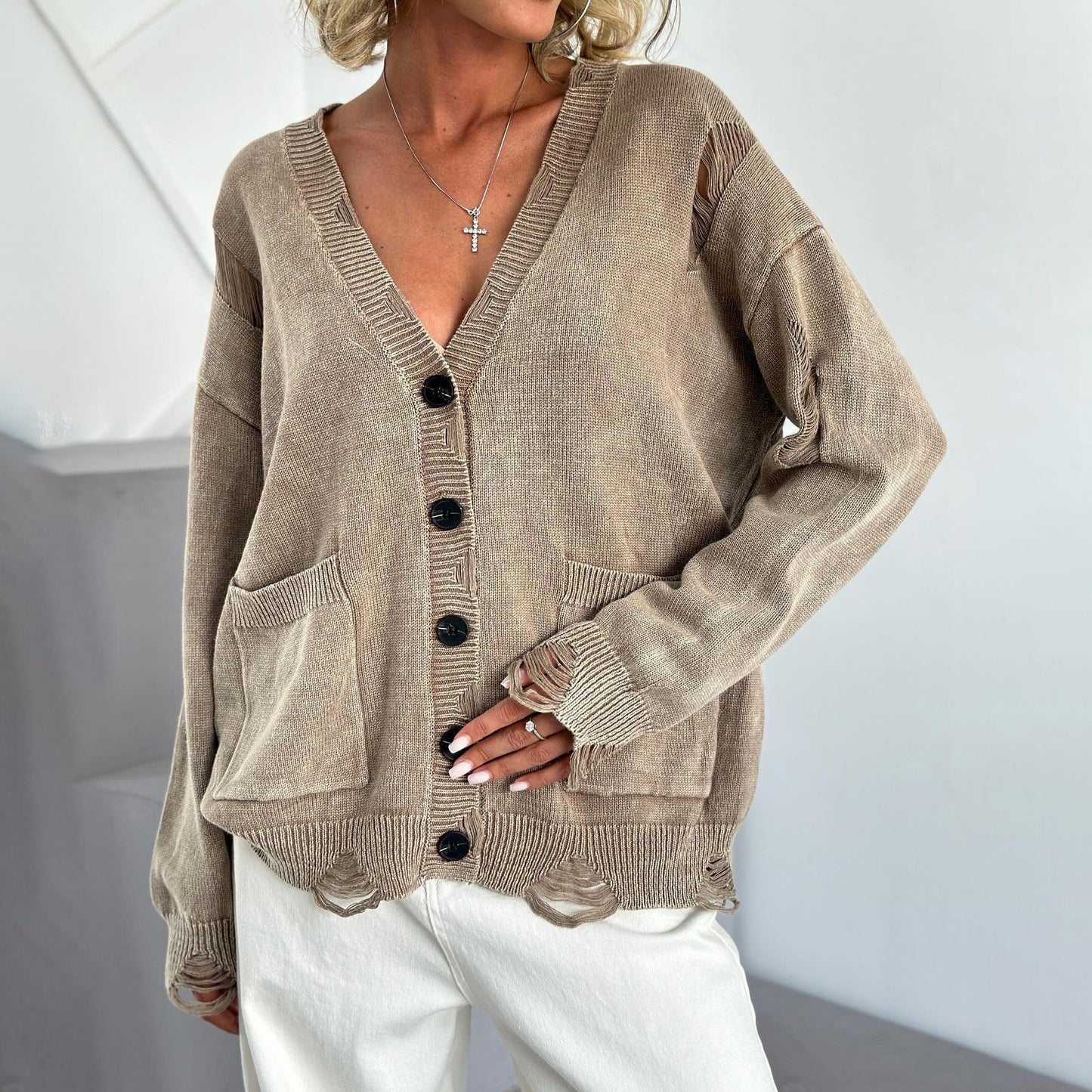 A07 Vintage Distressed Knit Cardigan – Women’s Washed Button-Up Sweater with Pockets