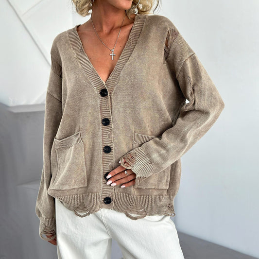 Vintage Distressed Knit Cardigan – Women’s Washed Button-Up Sweater with Pockets