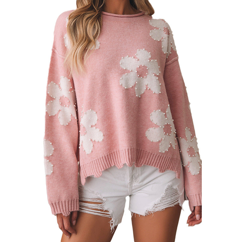 2025 Fall/Winter New Women’s Drop Shoulder Sweater – Sweet Pearl-Embellished Printed Knit Top
