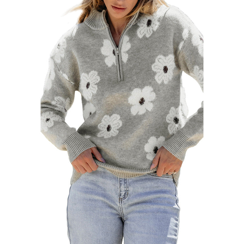 2025 Fall New Women’s Drop Shoulder Sweater – Casual Long Sleeve Floral Print Knit Top