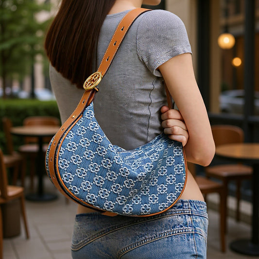 New Denim Washed Canvas Shoulder Bag – Casual Half Moon Crossbody Underarm Bag