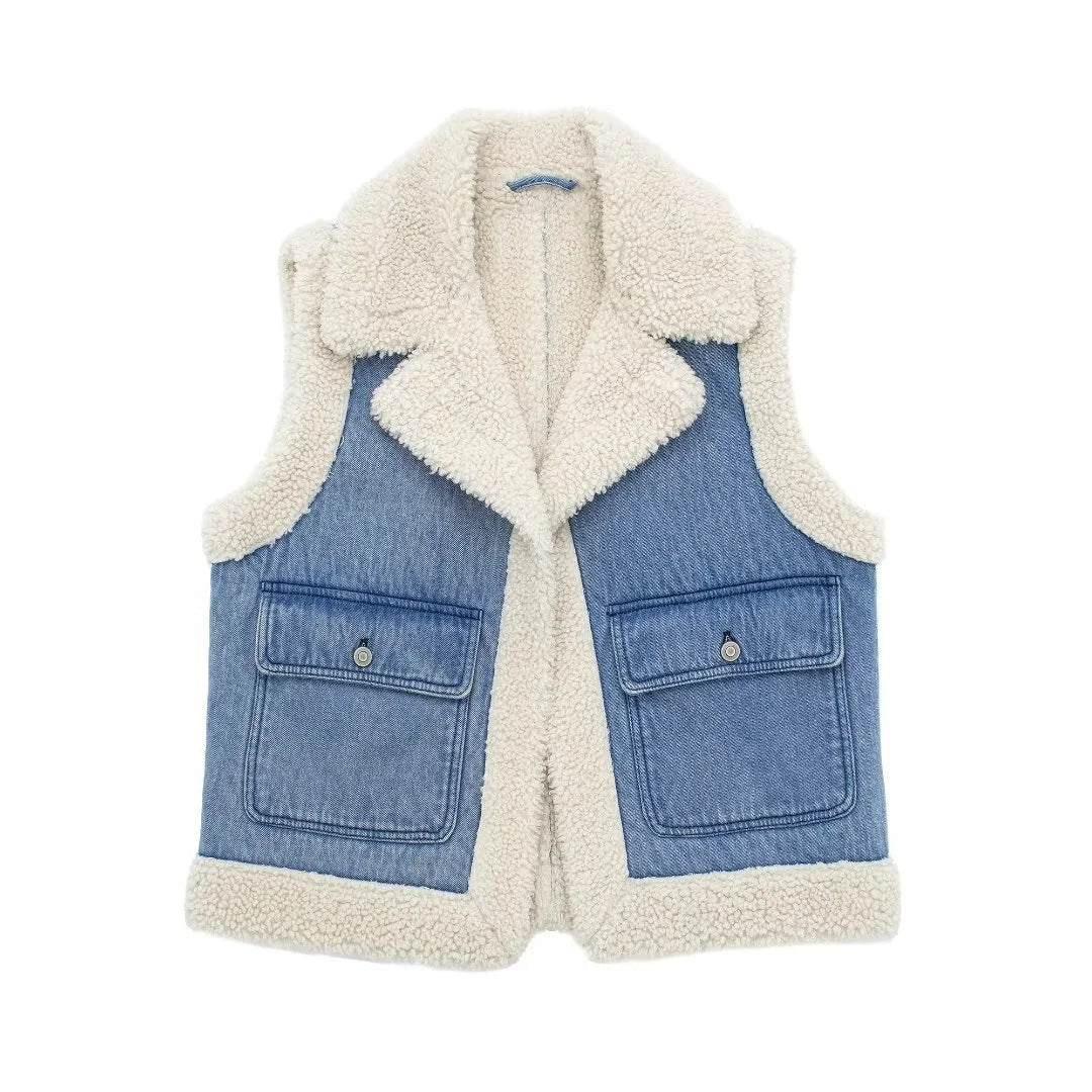 Women’s Sherpa Vest – Autumn Winter Cotton Faux Leather Moto Lambswool Open-Front Gilet