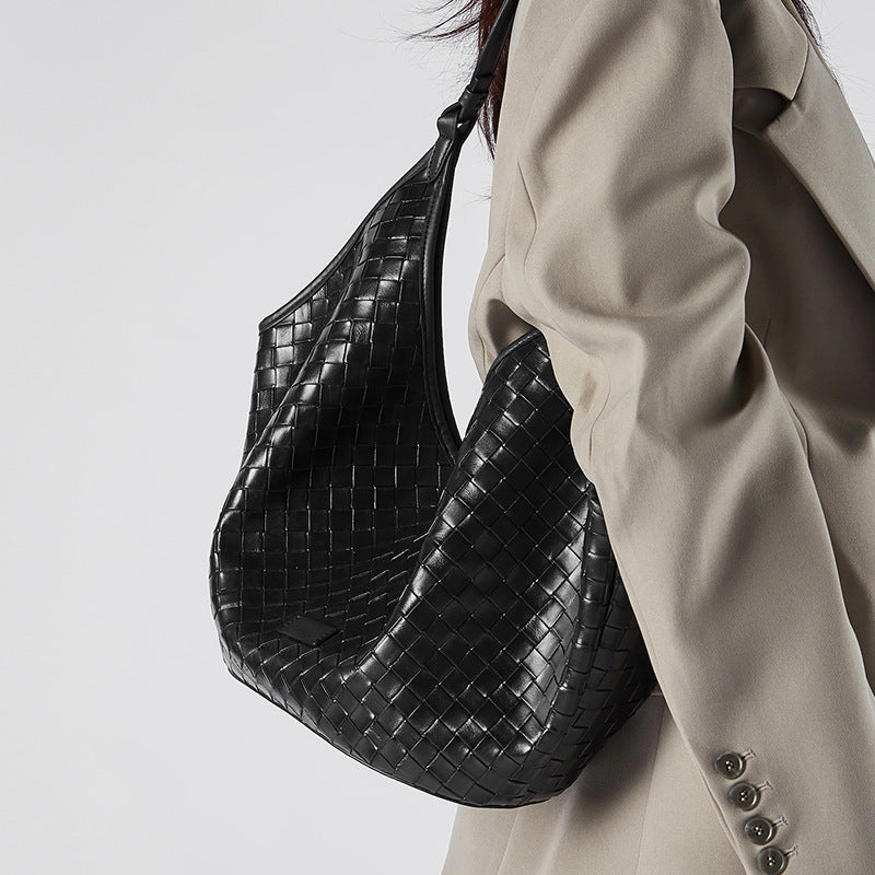 2025 New Women’s Large Capacity Tote Bag – Fashion Cowhide Woven Texture Shoulder Handbag for Work & School
