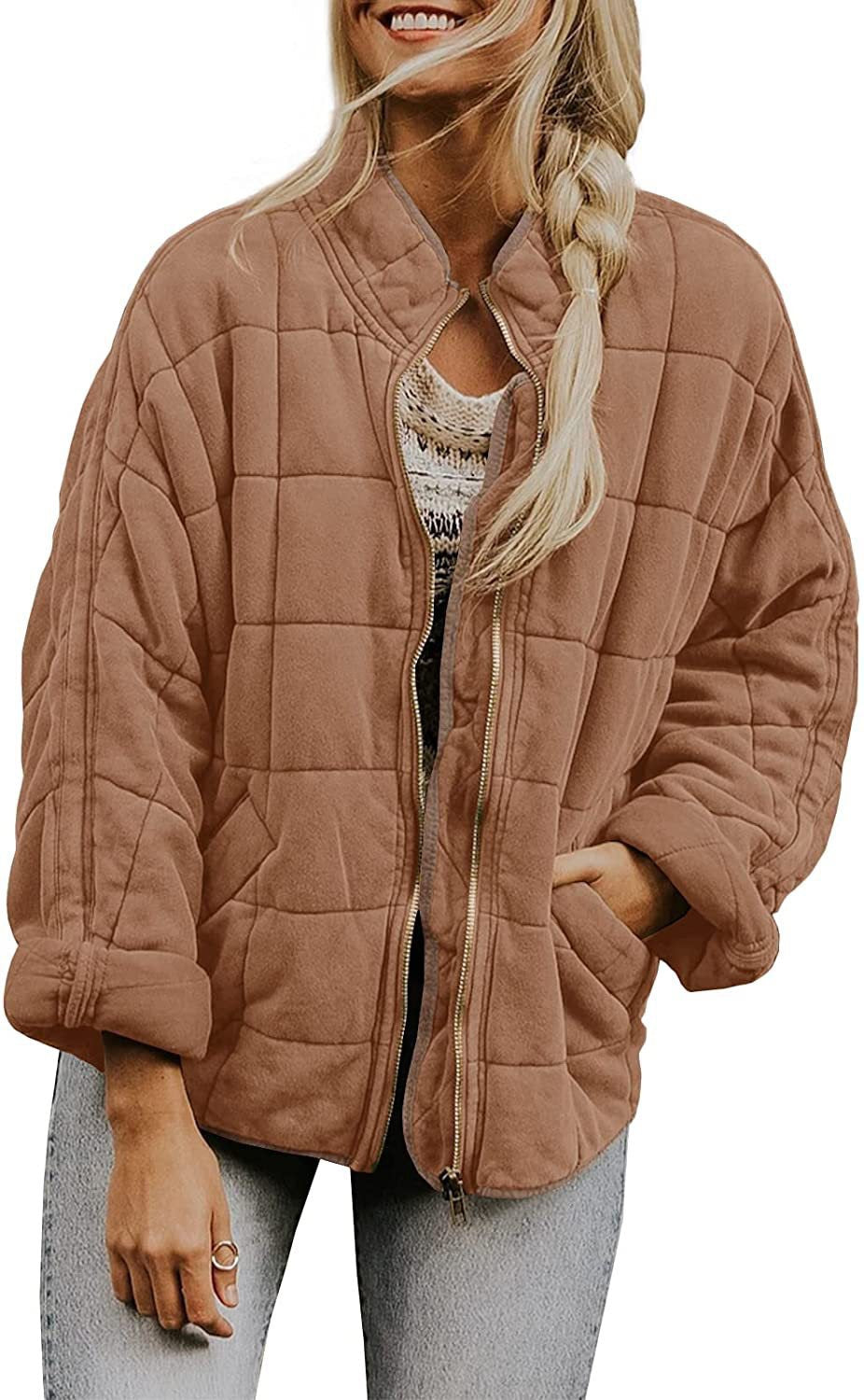 ✨ Solid Color Stand Collar Cotton Jacket for Women – Loose Fit Long Sleeve Pocket Coat