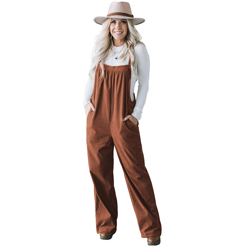 Autumn 2025 Women’s Corduroy Overalls – Solid Color Multi-Pocket Jumpsuit