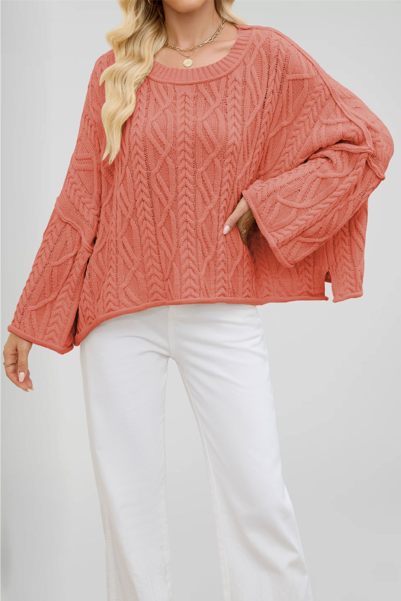 2025 Women’s Autumn Winter Knit Sweater – Round Neck Short Loose Cable Knit Pullover