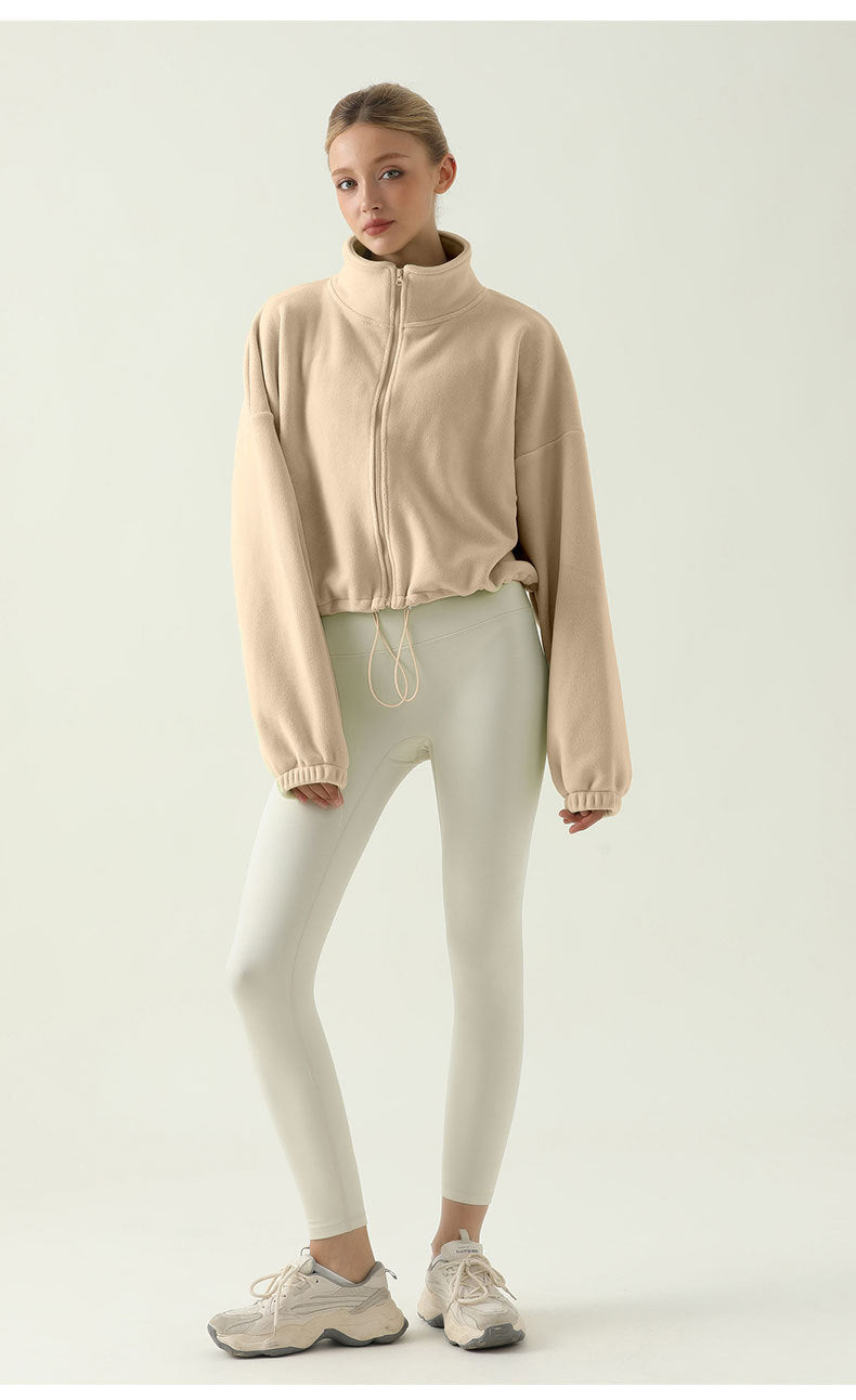 Women’s Thick Sherpa Fleece Yoga Jacket – Autumn Winter High Neck Drawstring Windproof Hoodie