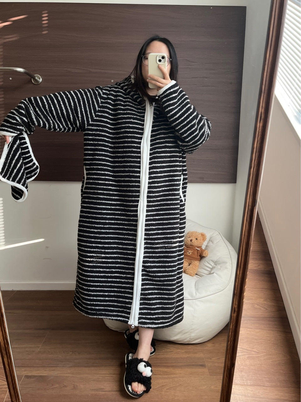 Striped Coral Fleece Hoodie Robe for Women | Thick & Warm Cozy Pajamas