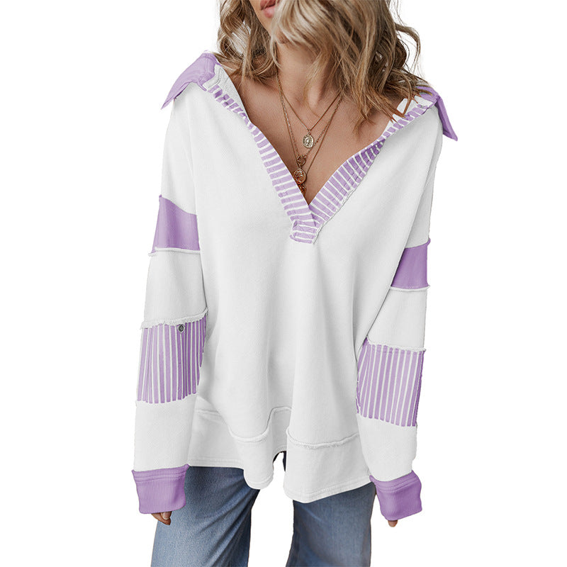 Casual Loose V-Neck Sweatshirt for Women – 2025 Fall New Striped Patchwork Pullover Top