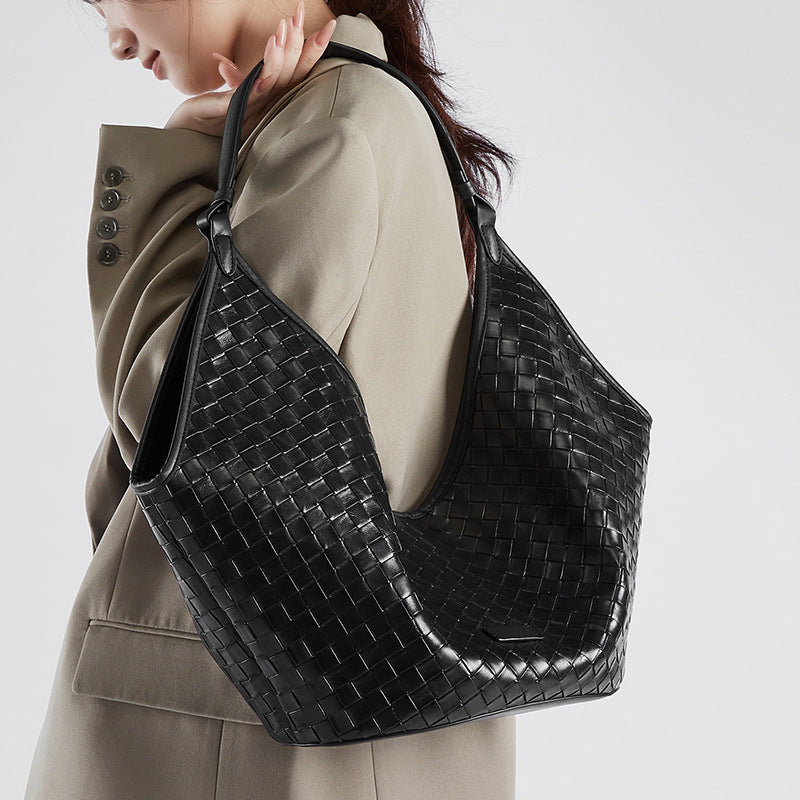 2025 New Women’s Large Capacity Tote Bag – Fashion Cowhide Woven Texture Shoulder Handbag for Work & School
