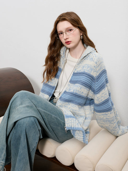 Merino Wool Striped Collar Cardigan | 2025 Winter Raglan Sleeve Knit Jacket for Women