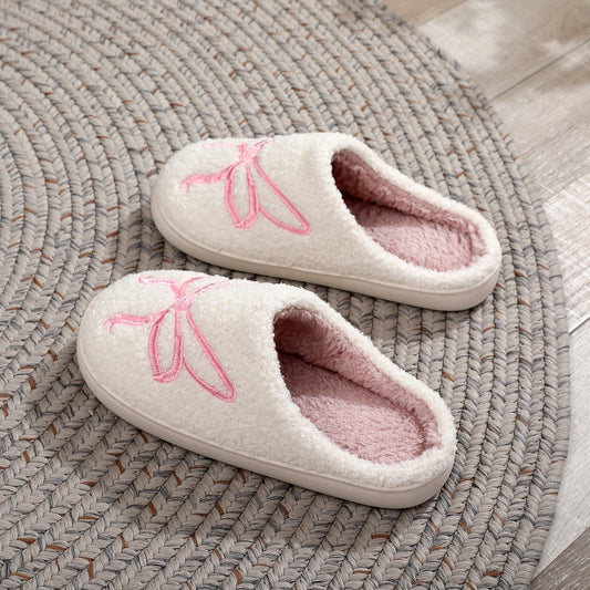 Pink Heart Bow Winter Plush Slippers for Women – Warm Fleece Indoor House Shoes, Soft Cozy Cotton Slides