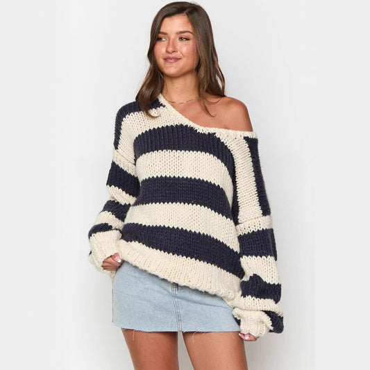 Fall Winter Women’s Oversized Knit Sweater | Off-Shoulder Sweet Dopamine Stripe Top