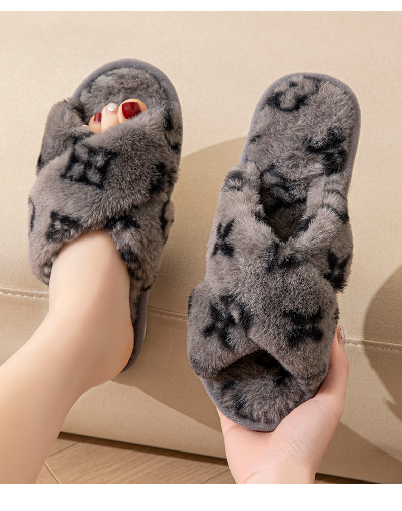 Women’s Open-Toe Slippers – Clover Cross Strap Faux Rabbit Fur Slides, All-Season