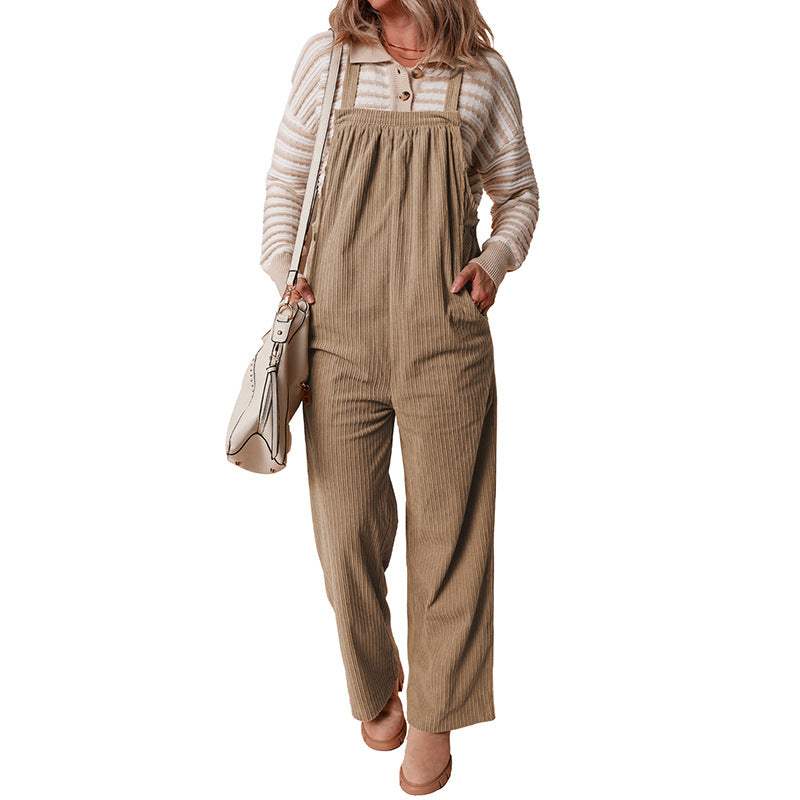 Autumn 2025 Women’s Corduroy Overalls – Solid Color Multi-Pocket Jumpsuit