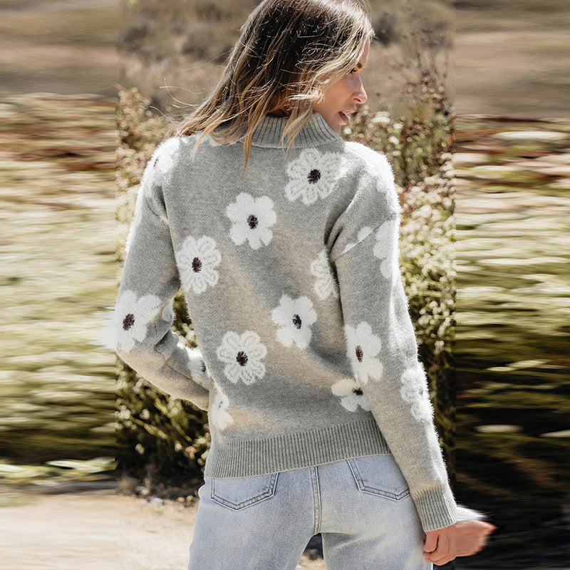2025 Fall New Women’s Drop Shoulder Sweater – Casual Long Sleeve Floral Print Knit Top