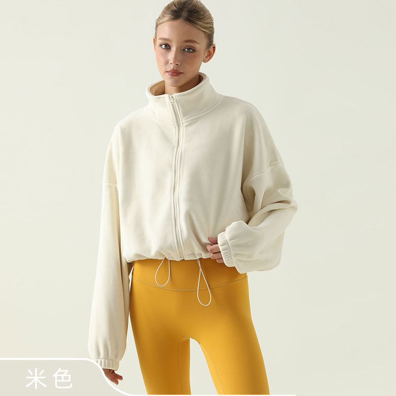 Women’s Thick Sherpa Fleece Yoga Jacket – Autumn Winter High Neck Drawstring Windproof Hoodie