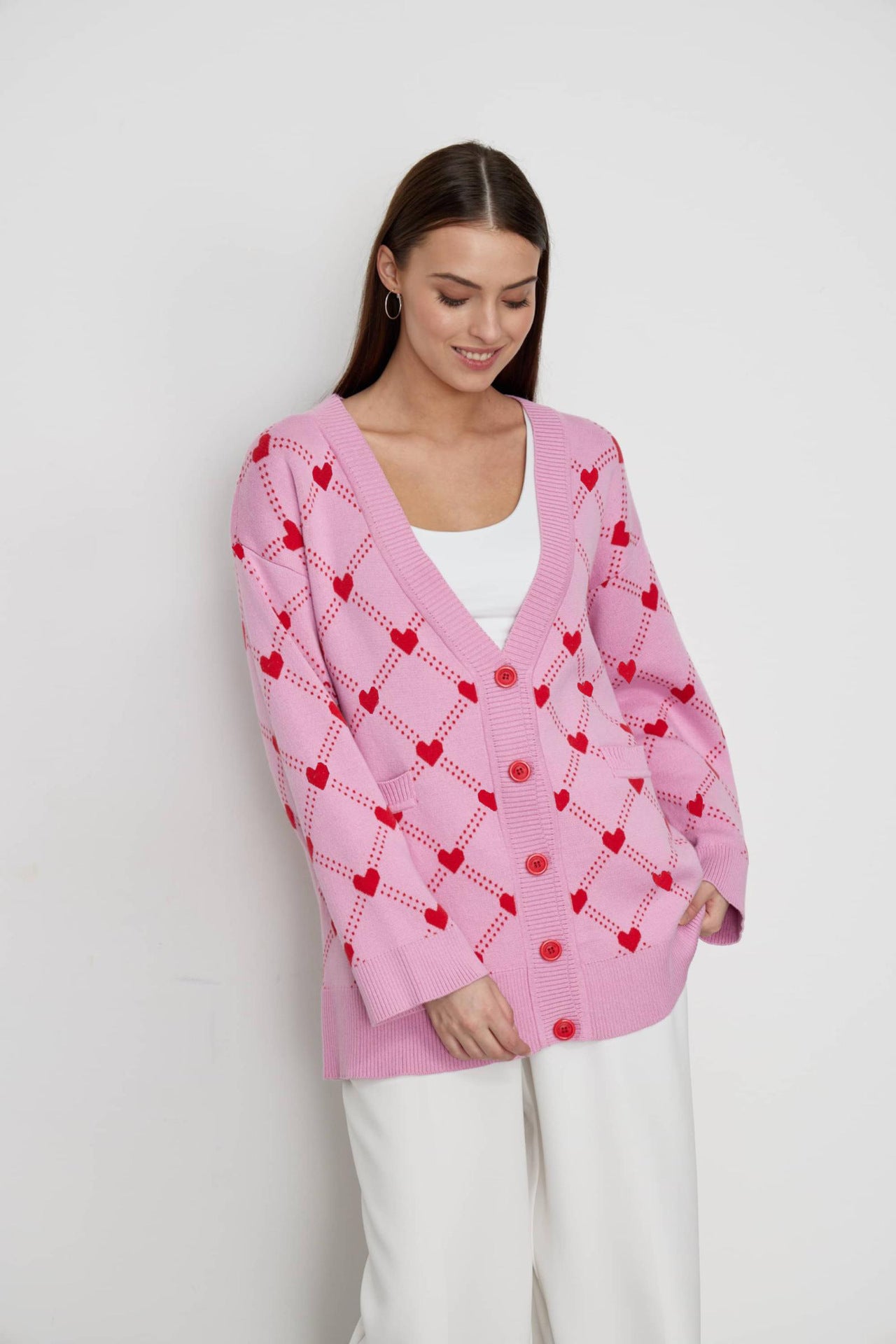 Heart Jacquard Cardigan for Women | Fall Knit Open Front Sweater