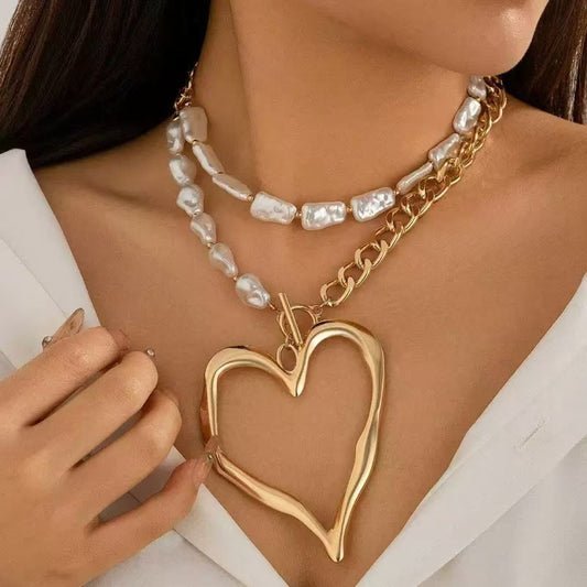 Sweet Cute Heart Beaded Necklace | Double Layer Baroque Faux Pearl Statement Jewelry
