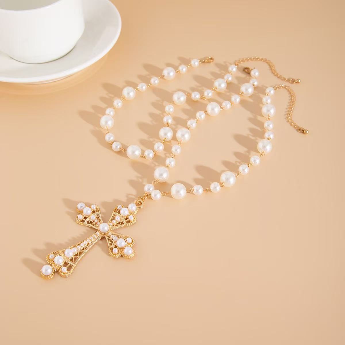 Fashion Multi-Layer Faux Pearl Cross Choker | INS Geometric Alloy Collar Necklace for Women