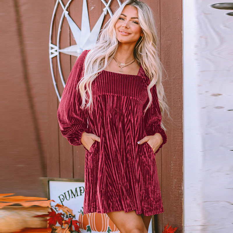 Autumn 2025 Women’s Velvet Dress – Square Neck Long Sleeve High-Waist Office Mini