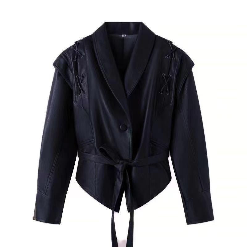 Women’s Retro Faux Leather Jacket – Autumn Street Style Tie-Waist Turn-Down Collar Outerwear