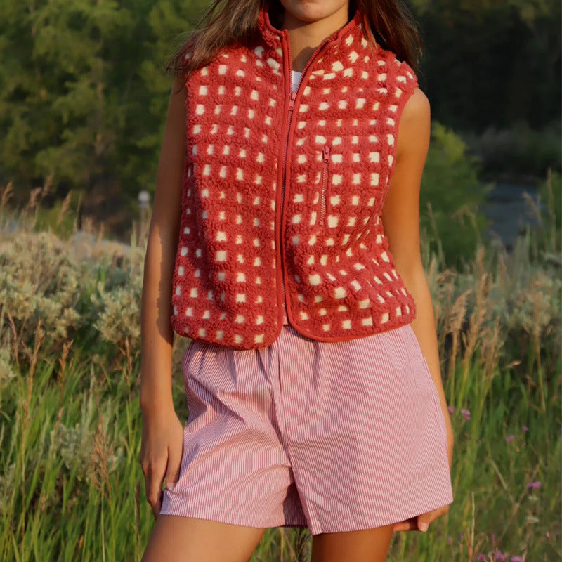 Plaid Fleece Vest for Women | New Sleeveless Stand Collar Vest