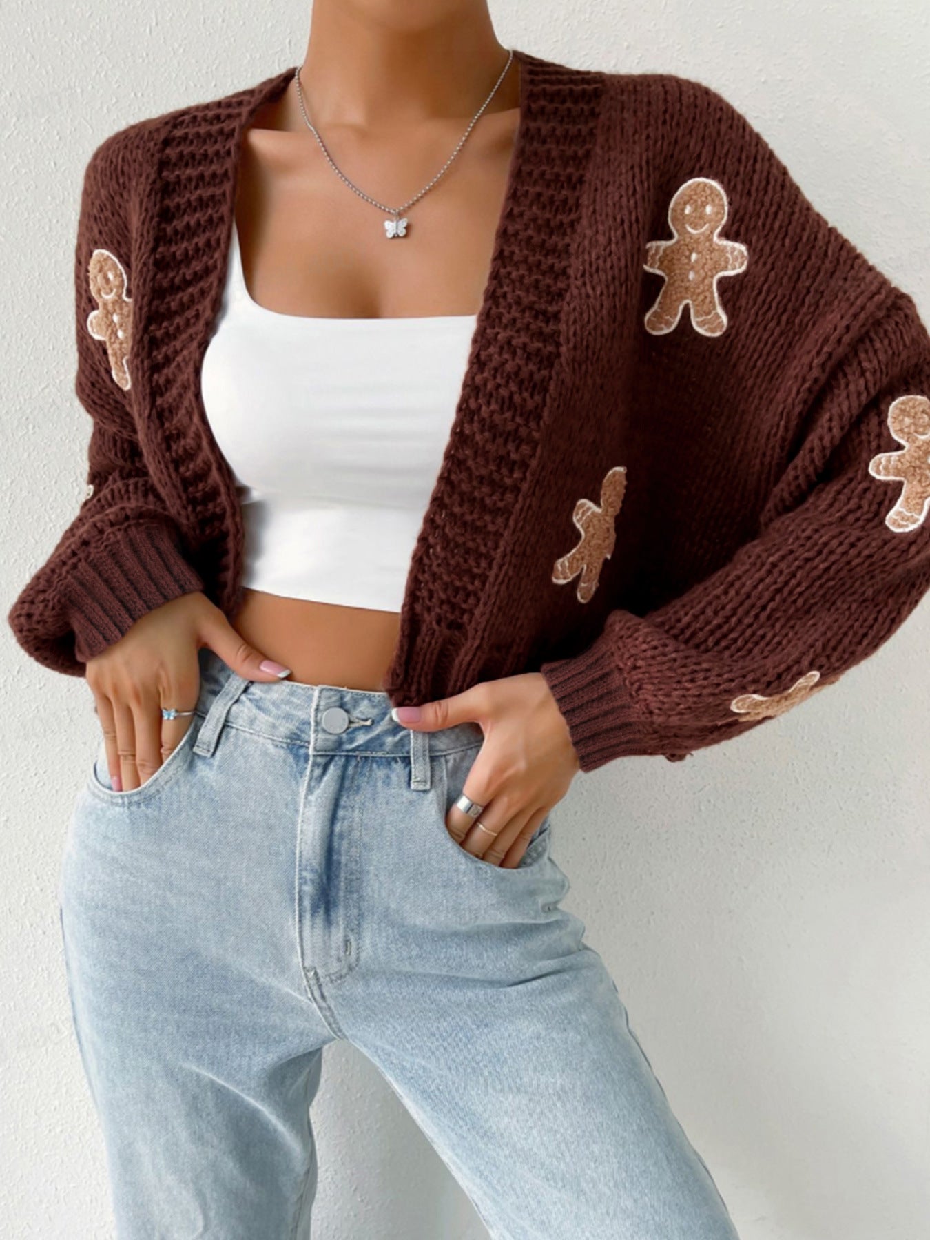 ✨ Cute Gingerbread Pattern Knit Cardigan for Women – Short Sweater Jacket Spring Autumn